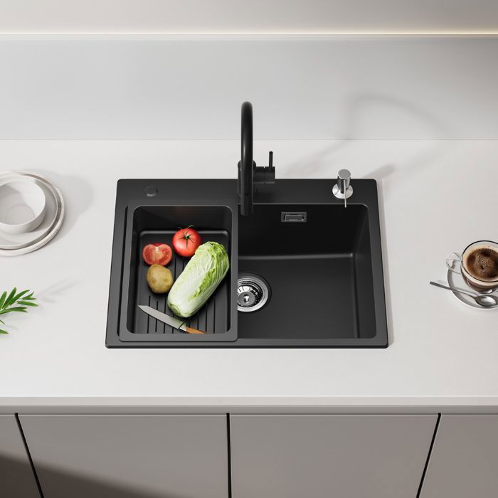 Évier de cuisine en granit - Noir anthracite - 60x45cm - 1 bac - Réversible - Distributeur de savon