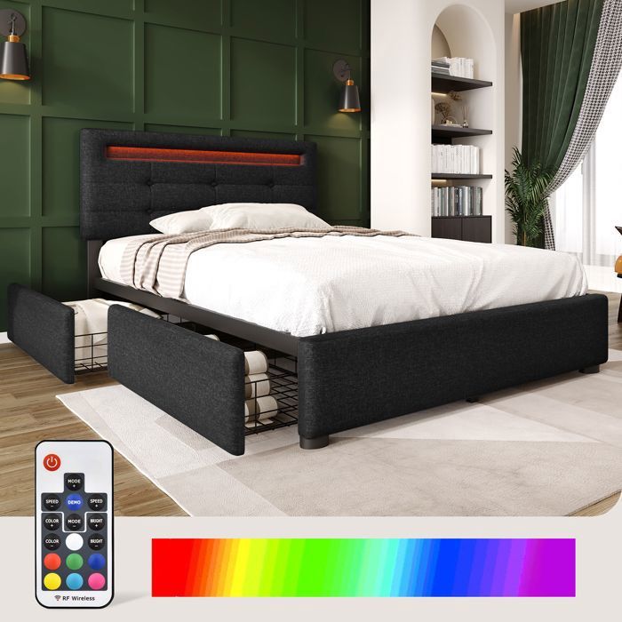 Lit rembourré - PUGSDRLY - Lit 90x200 - Noir - LED intégrée - 2 tiroirs