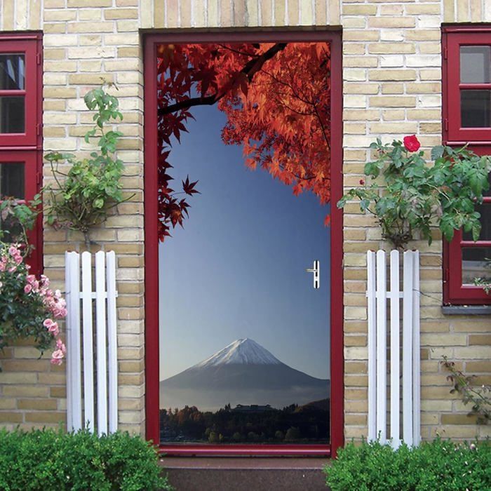 Sticker Porte 3D Arche Jardin Zen Ruisseau Montagne 95x215 Cm - Autocollant Mural Amovible PVC