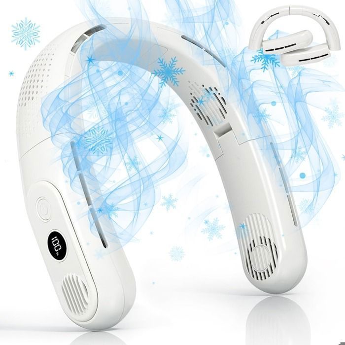 Ventilateur de Cou - Rechargeable 6000mAh 4 Turbo Flux 360° 3 Vitesses - Portable/Blanc - Cuneary