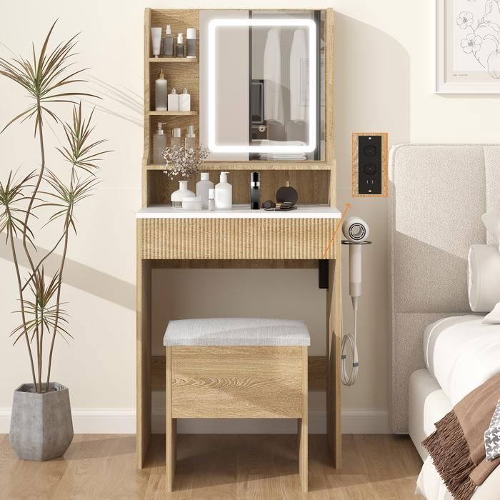 Coiffeuse Avec Miroir LED et Tabouret de Rangement, Puluomis