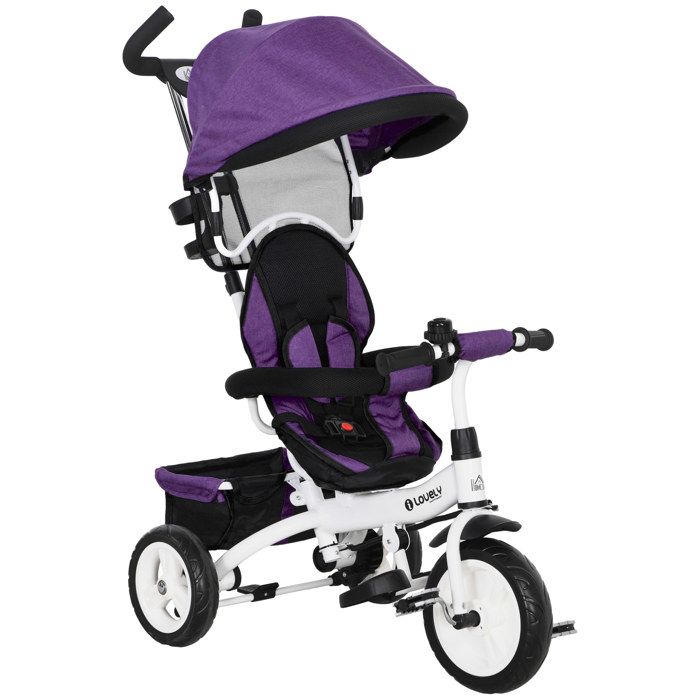 Tricycle Enfants Pare-Soleil Pliable Canne Amovible Benne Rangement 105 x 47 x 98 cm Acier Blanc et Noir - Jeux - Jouets