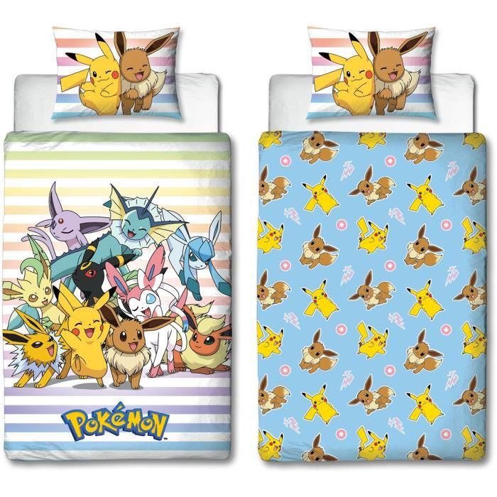 Parure de lit réversible POKEMON Pikachu et Evoli Microfibre 1 housse de couette 140 x 200 cm + 1 taie 63 x 63 cm