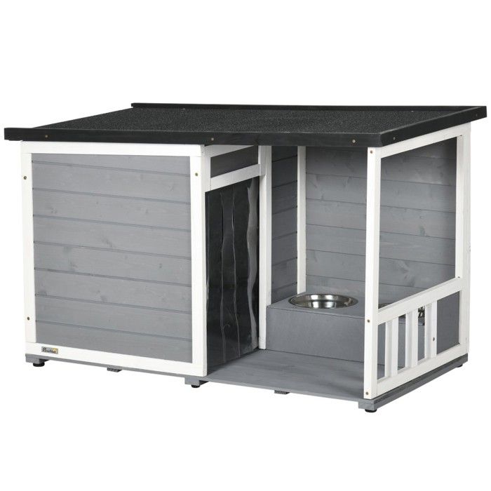 Meilleurs prix pour Niche Chien Terrasse Sapin Résistante Intempéries 2 Gamelles Toit Asphalte Gris 103x62x60-66cm Extérieur Antidérapante