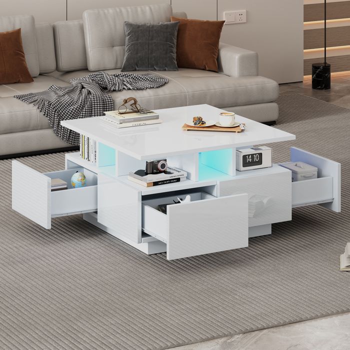 Table basse salon carrée 70x70x40 cm avec LED Table de salon haute brillance avec 4 tiroirs et verre trempé Blanc