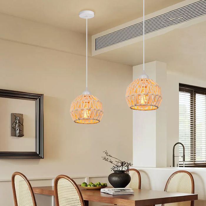 SNOGOLD 2X Suspension Vintage Abat-jour Sphérique Tissée en Corde de Chanvre Blanc Base en Métal E27 Luminaire pour Cuisine Couloir