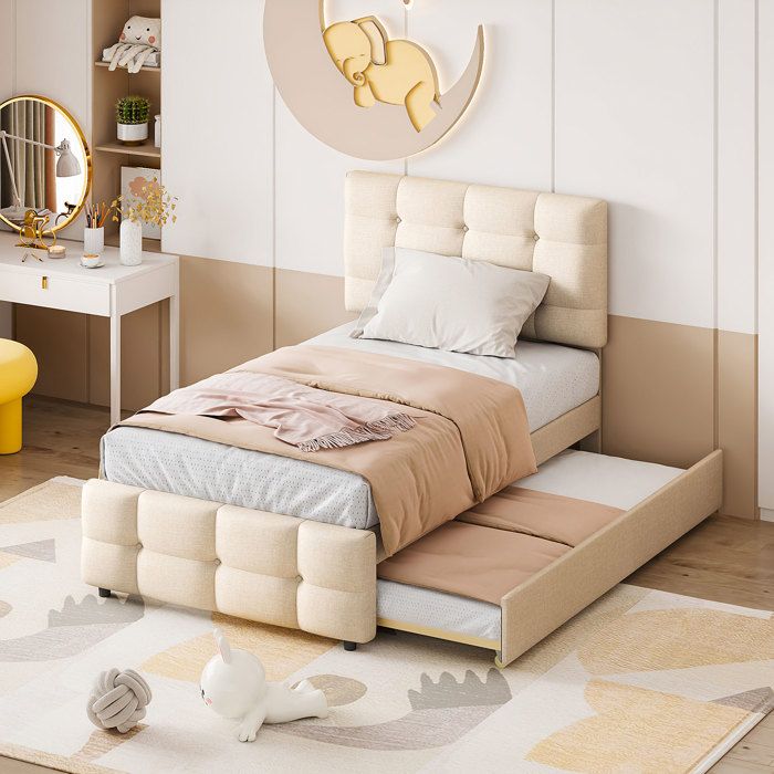 Lit gigogne 90x200 cm en tissu lin beige avec lit tiroir 90x190 cm tête réglable style classique
