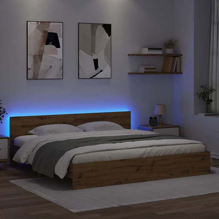 Structure de lit en bois dingénierie - UU - 180x200 cm - Chêne artisanal - Lumières LED intégrées - Cadre à lattes