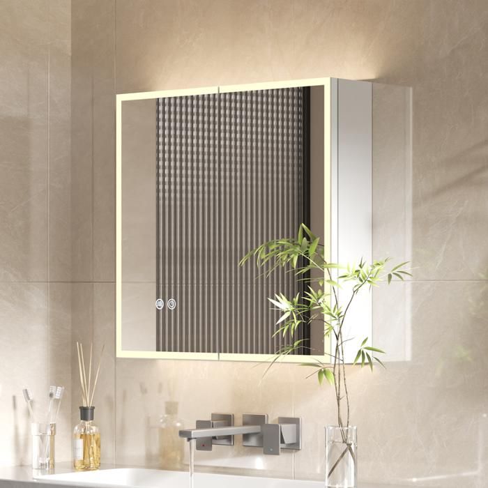 AquaWise Armoire Miroir Salle de Bain LED 60×60cm Anti-Buée 3 Couleurs Prise & USB Étagères Réglables Blanc