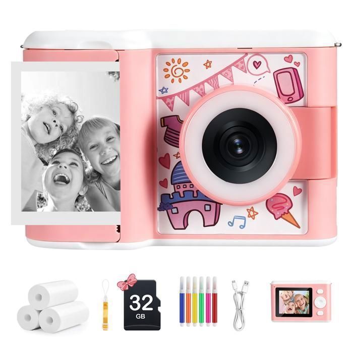 Appareil Photo Instantané Pour Enfants – Double écran, Impression Sans Encre, Vidéo 1080p, Carte 32Go, 3 Rouleaux Appareil Photo Instantané Pour Enfants – Double écran, Impression Sans Encre, Vidéo 1080p, Carte 32Go, 3 Rouleaux