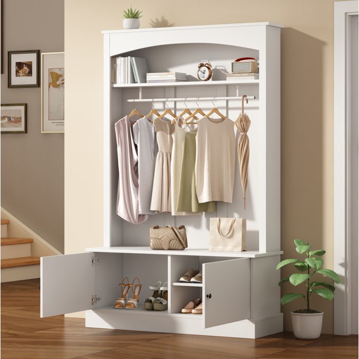 Meuble d’entrée vestiaire 120x40x190 cm avec banc à chaussures penderie et étagères réglables bois blanc