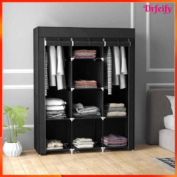 Armoire penderie multi-rangement - AKOZON - 9004 - 8 étagères - 2 barres - rideau enroulable