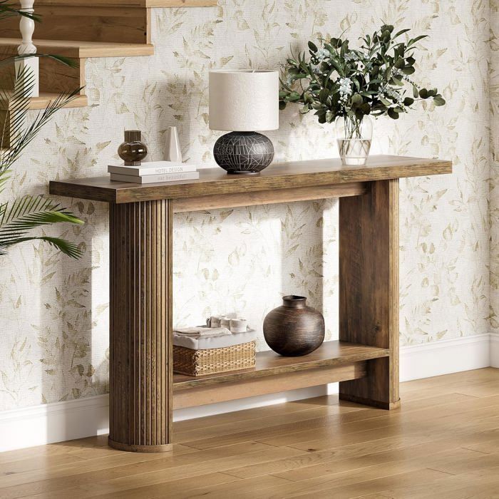 Tribesigns Table Console140x30x80 cmTable dentrée Étroite avec 2 ÉtagèresConsole Bois Derrière Le CanapéMarron