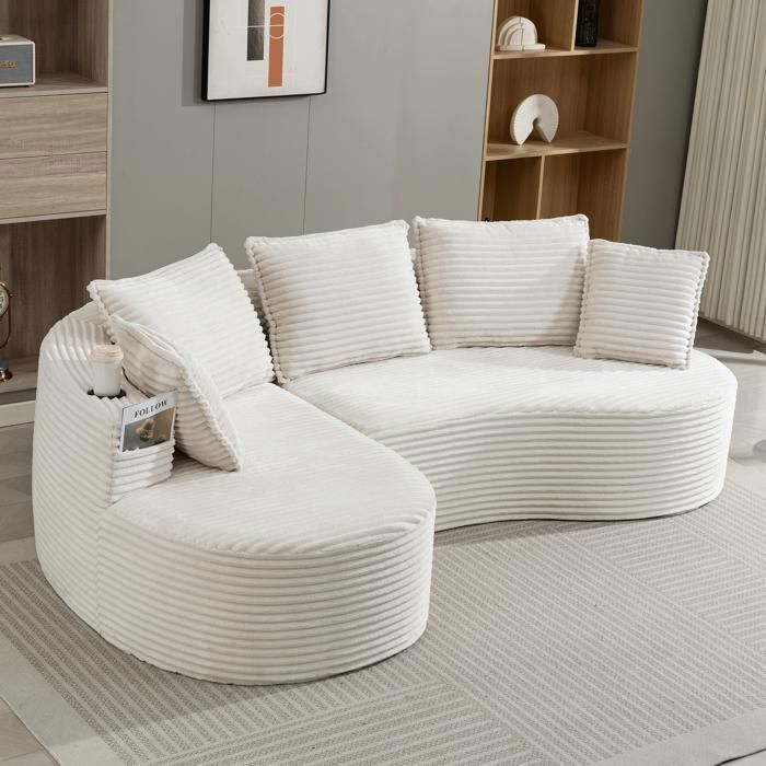 Canapé incurvé - LEMONBEST - 3-4 places - Velours côtelé beige - 250 x 152 x 82 cm - Porte-gobelets & poches