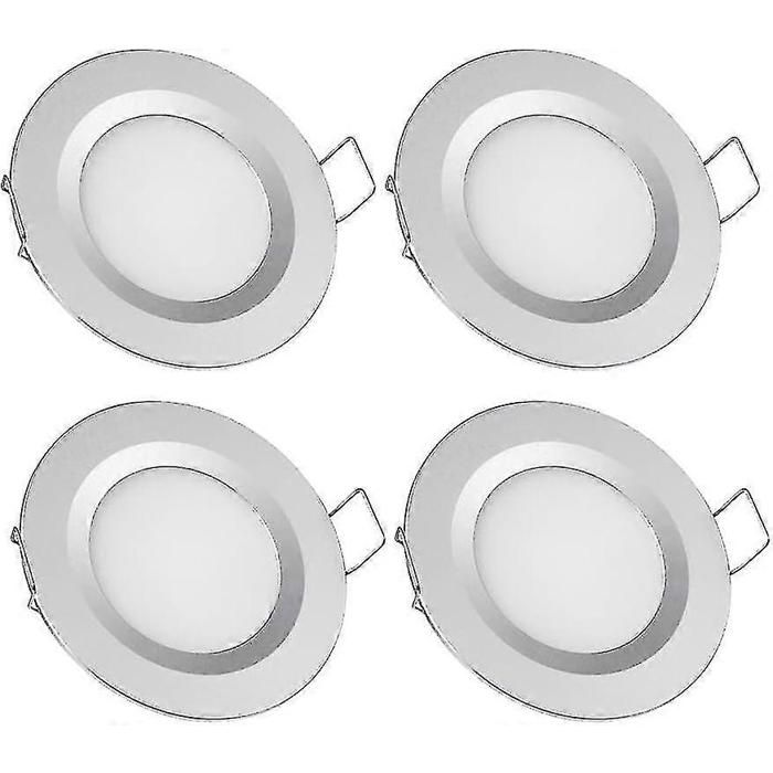 Quatre spots encastrés LED au plafond 12V diamètre de découpe 58-65mm 3W 3200K lumière blanc chaud (finition argentée).