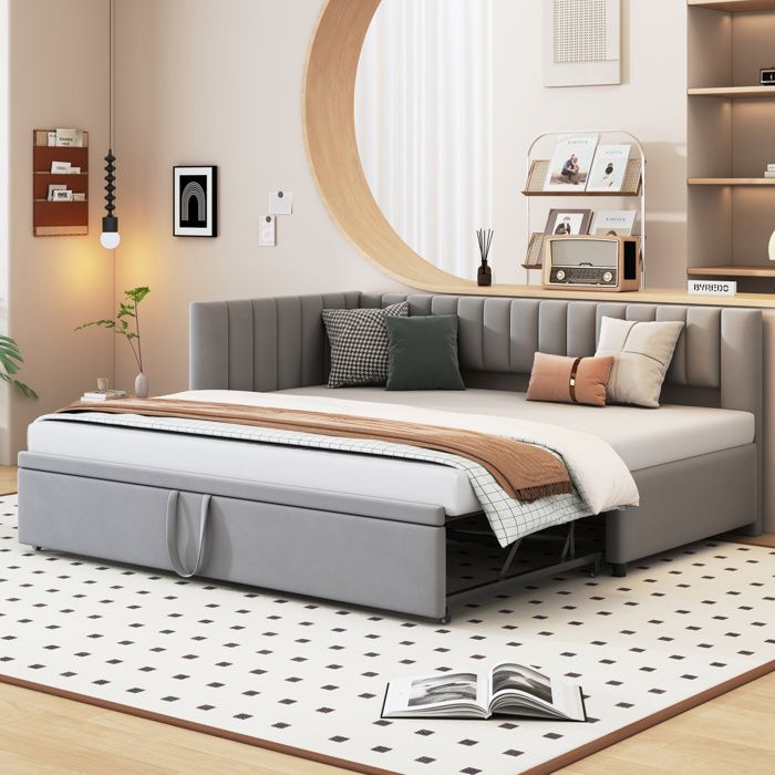 Lit Gigogne Canapé-lit en L Extensible avec Dossier et Tête de Lit - TCQPZ - en Velours Gris 90 × 200 cm