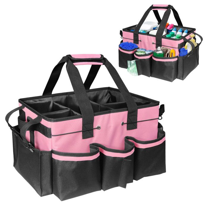 Sac de rangement multifonctionnel pour outils de nettoyage avec une grande poche principale et des poches latérales en filet.