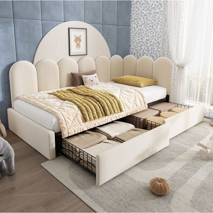 Lit capitonné 90x200 cm avec rangement 2 tiroirs sommier à lattes velours beige sans matelas ORVRYN