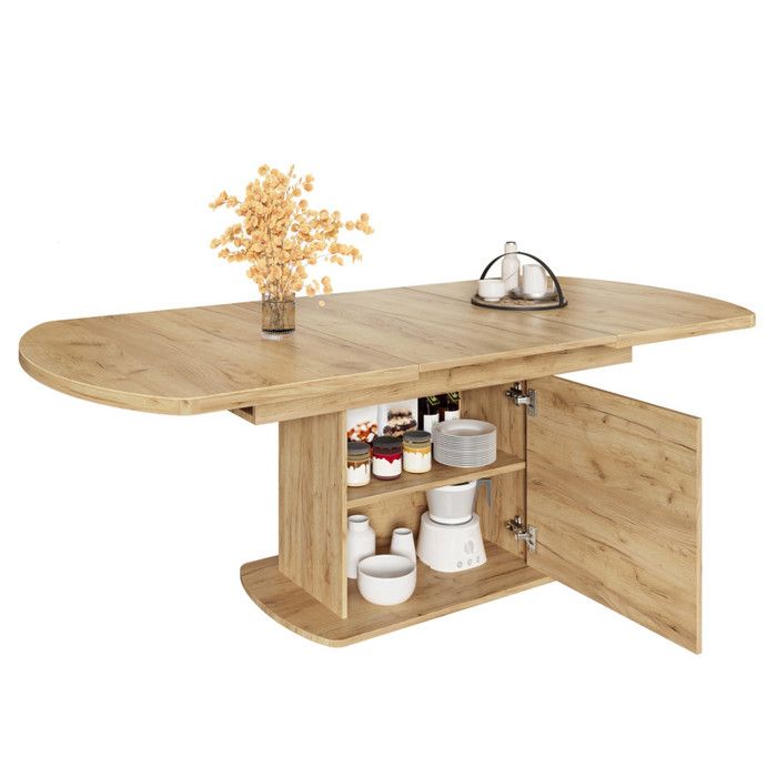 Table à Manger Ovale Extensible 140/200 x 80 x 75 cm avec Rangement Rectangulaire Multifonction Style Minimalistechêne