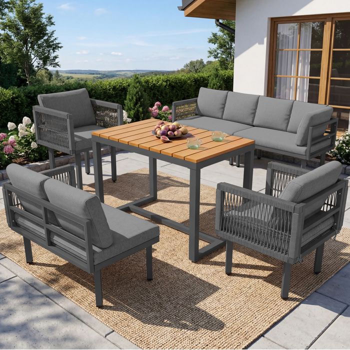 Salon de jardin extérieur 6 pièces en acier corde tressée coussins gris table rectangulaire