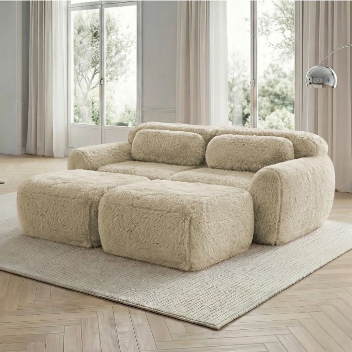 Modenuit canapé modulable 2 places avec 2 ottomans tissu peluche kaki clair sans montage