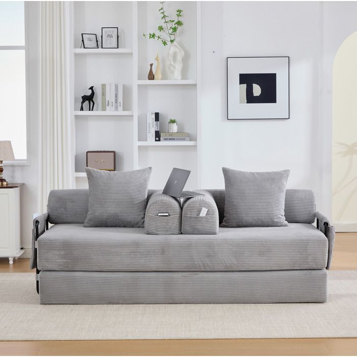 Canapé modulable convertible 3 places 200 x 94 x 67 cm velours côtelé gris clair avec métal et 3 coussins