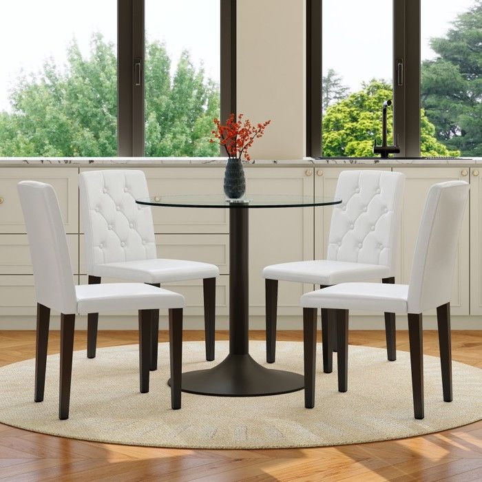Ensemble Table Verre Transparent 85x85x76cm 4 Chaises PU Blanc Pieds Noirs Dossier Capitonné 42x46x89cm Design Minimaliste Luxueux Ensemble Table Verre Transparent 85x85x76cm 4 Chaises PU Blanc Pieds Noirs Dossier Capitonné 42x46x89cm Design Minimaliste Luxueux