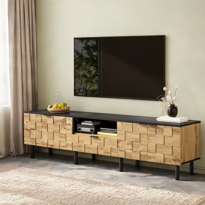 Meuble TV mosaïque ton bois naturel 2 portes 1 tiroir niche ouverte L170 cm