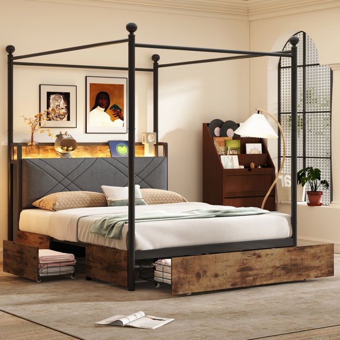 Lit baldaquin Double 140×190 cm LED intégrée USB Type-C et 3 tiroirs - MEUNIQ - sans matelas métal noir