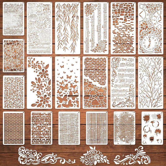 Ensemble de 19 pochoirs pochoirs réutilisables pour Texture modèles de Motifs Floraux pour décoration Murale