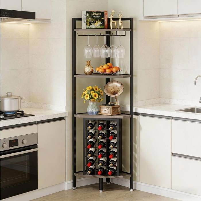 MEUBLIV Étagère d’angle range-bouteilles 40 x 40 x 160 cm 18 bouteilles 6 porte-verres MDF et métal gris