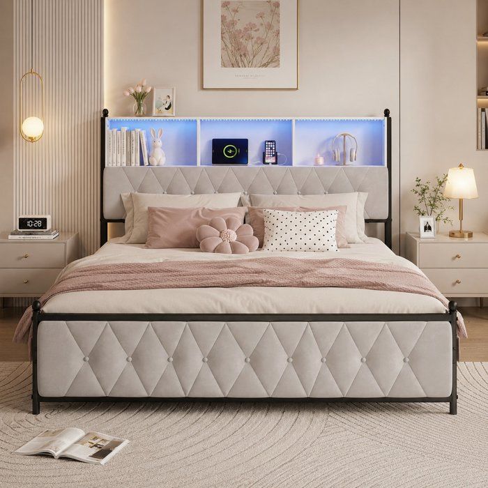 Lit 160x200 cm avec LED et USB Tête de Lit avec Rangement 4 Tiroirs Sommier à Lattes Cadre Métal Beige Velours sans Matelas