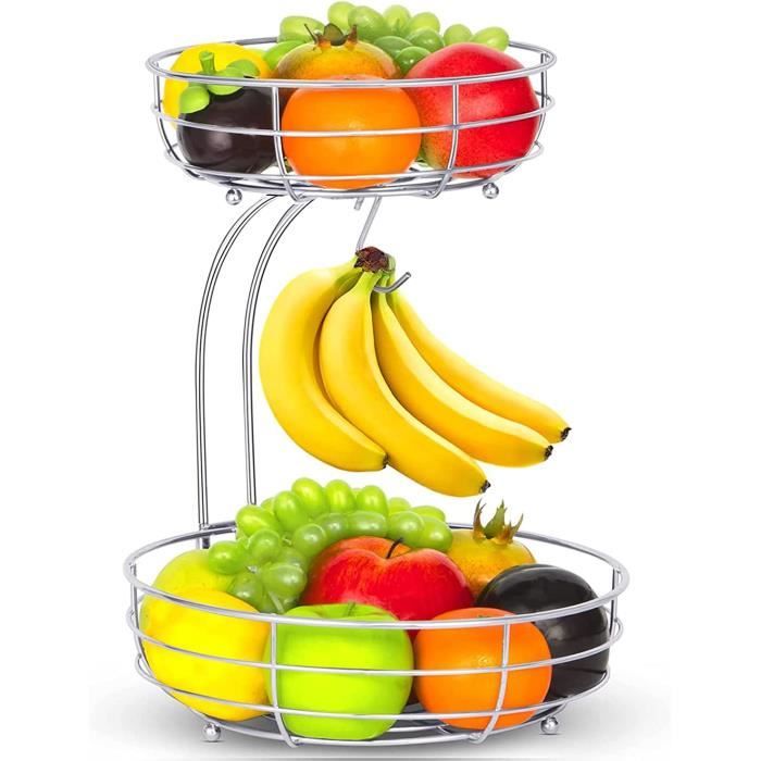 Exzact Panier à Fruits Avec Crochet Banane – 43 Cm, Design Moderne En Fil Métallique Chromé Argenté, Rangement Pratique Pour Fruits & Légumes