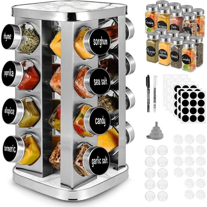 Porte-épices Tournant 360° – 20 Pots Inclus – Acier Inoxydable Noir – Compact Pour Cuisine – Étiquettes Fournies - 10