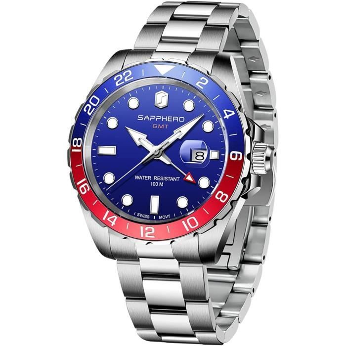 Montre Homme Gmt Mouvement Quartz Suisse 100M tanche Montre
