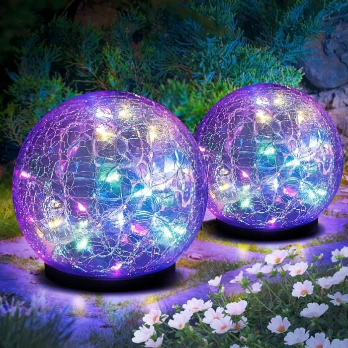 lot de 2 boule de verre craquelé solaire, décorations boules lumineuses led étanche, verre craquelé led, décorations boules l[m3479]