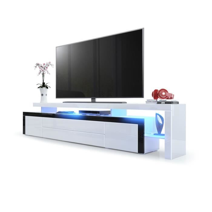 vladon meuble tv bas leon v3 en blanc haute brillance - façades en blanc haute brillance avec une bodure en noir haute brillance