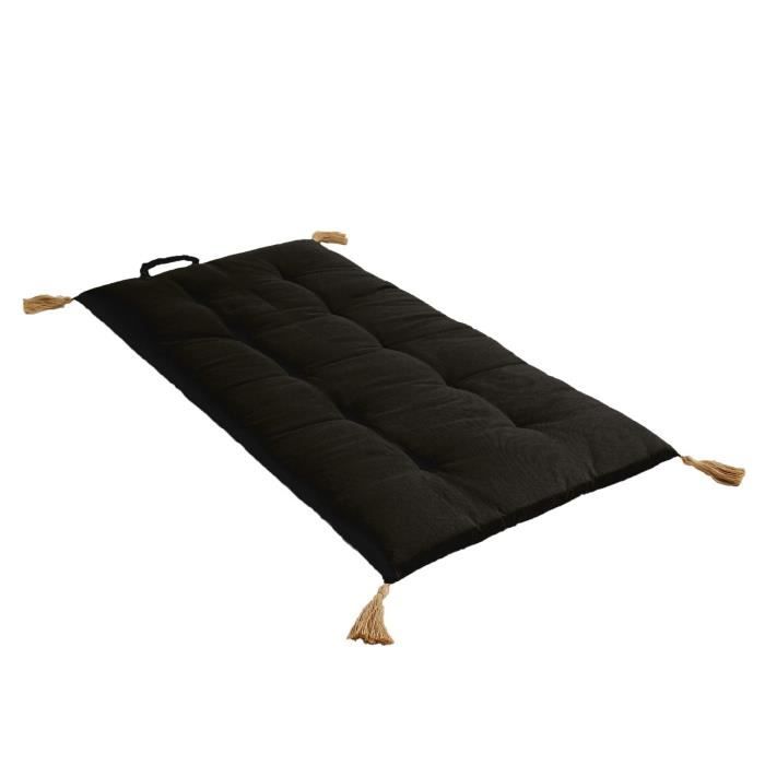 futon panama - enjoy home - noir - 4 pompons en jute - 60 x 120 cm
