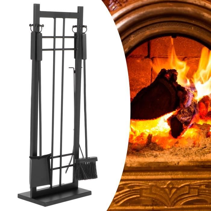 Serviteur De Cheminée 4 Pièces En Fer Forgé – Valet Avec Pelle, Pince, Balai, Tisonnier, Style Rustique