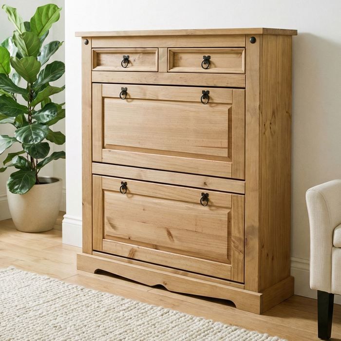 Meuble à chaussures TEQUILA style mexicain armoire 2 abattants et 2 tiroirs rangement 16 paires pin massif finition teintée/cirée Meuble à chaussures TEQUILA style mexicain armoire 2 abattants et 2 tiroirs rangement 16 paires pin massif finition teintée/cirée