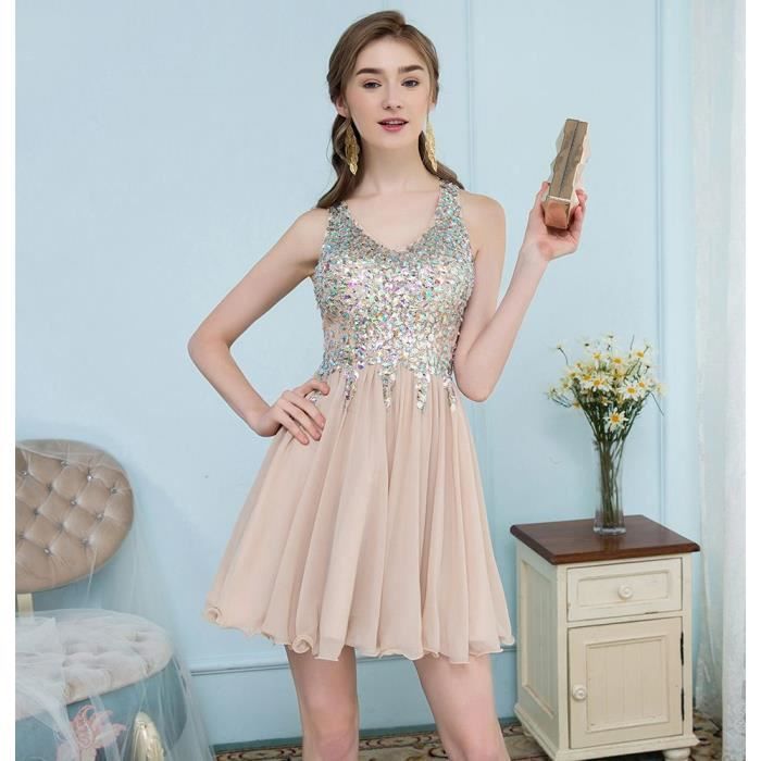 Robe De Soirée Femme Jeune Fille Courte Col V A Line Décoré Des Strass Et Pailleté Sexy Emilie Vogue