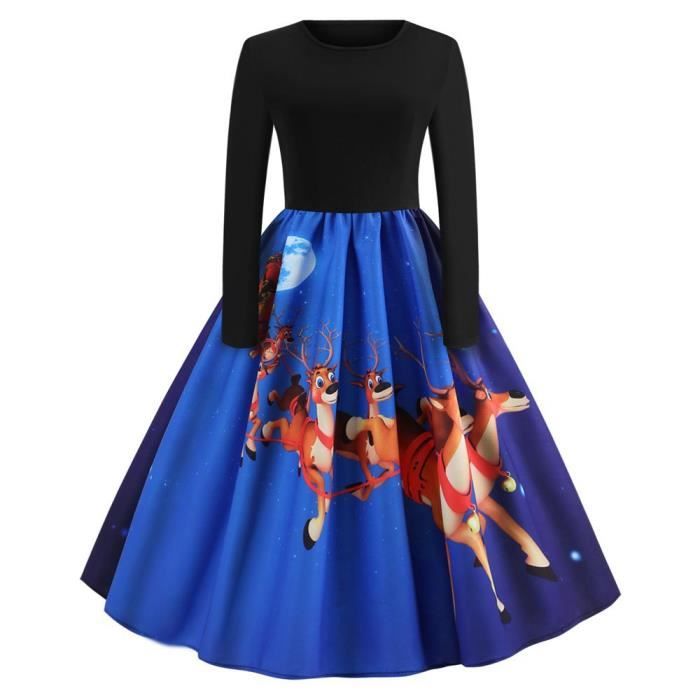 Robe Femme Noel Imprime Plissee Manches Longues Mi Longue Robe Fete Evasee Couleur Contraste Bleu Achat Vente Robe Cdiscount
