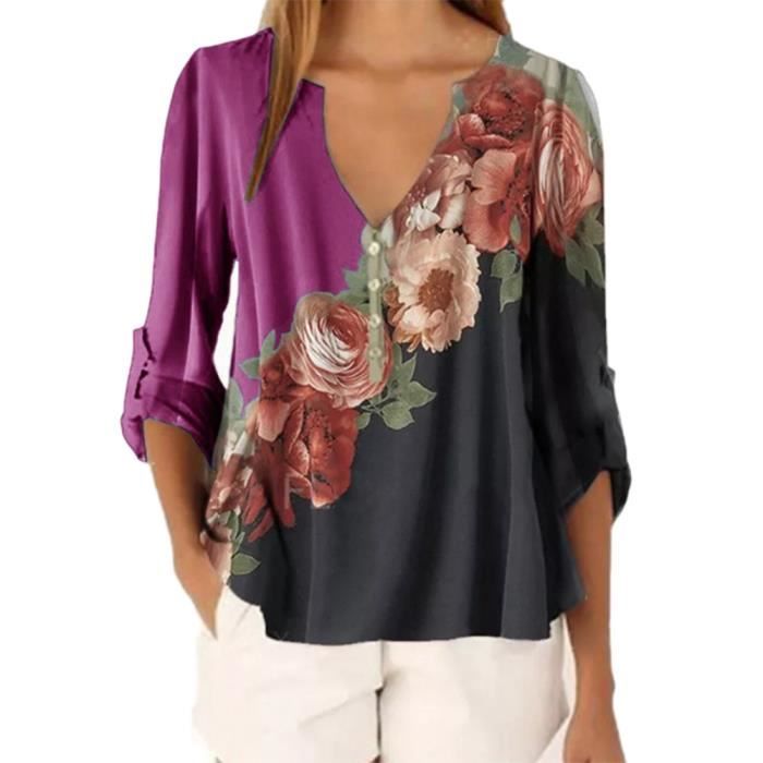 Chemisier/Blouse Noir à Motif Floral - Taille 3, Manches Courtes, Encolure En V, Occasion Très Bon État