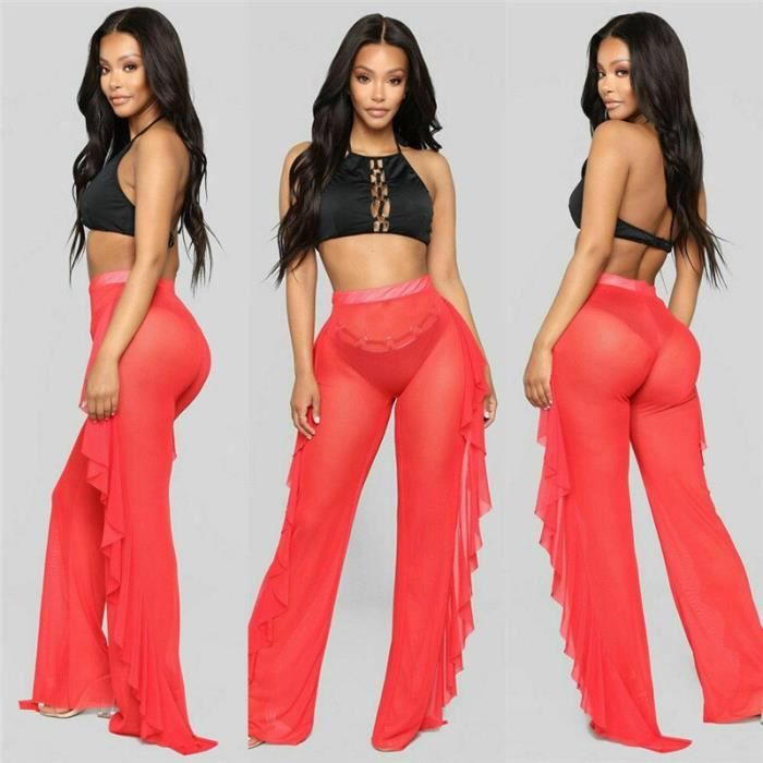 Robe Pantalon transparent Sexy pour femmes Cover Up en maille a volants bas Long ample vetements de plage 2021 Type Rouge Blanc Cdiscount Pret a Porter