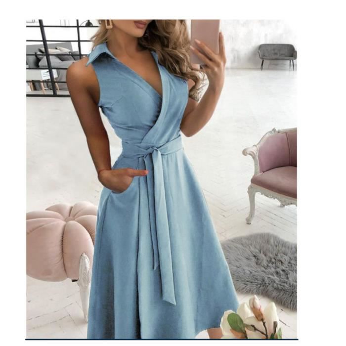Robe longue unie femme t chic Robe Col chemise Robe de plage