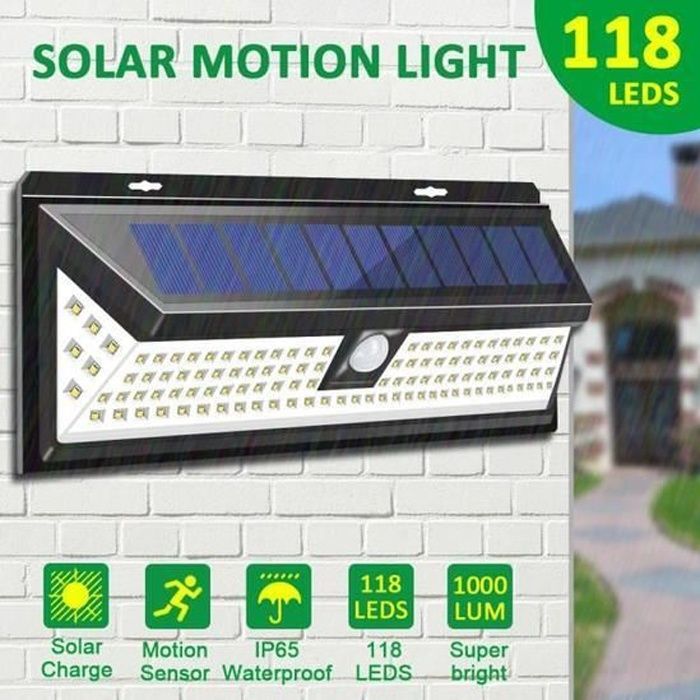 Imperméable Lampe Solaire Applique Murale 118 LED Avec Detecteur IP65 Étanche pour Jardin Éclairage Extérieure