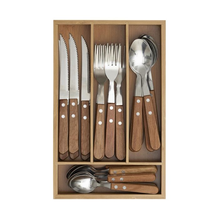 Ménagère en Inox - SECRET DE GOURMET - 24 Pièces - Range-couverts en Bois - Compatible Lave-vaisselle
