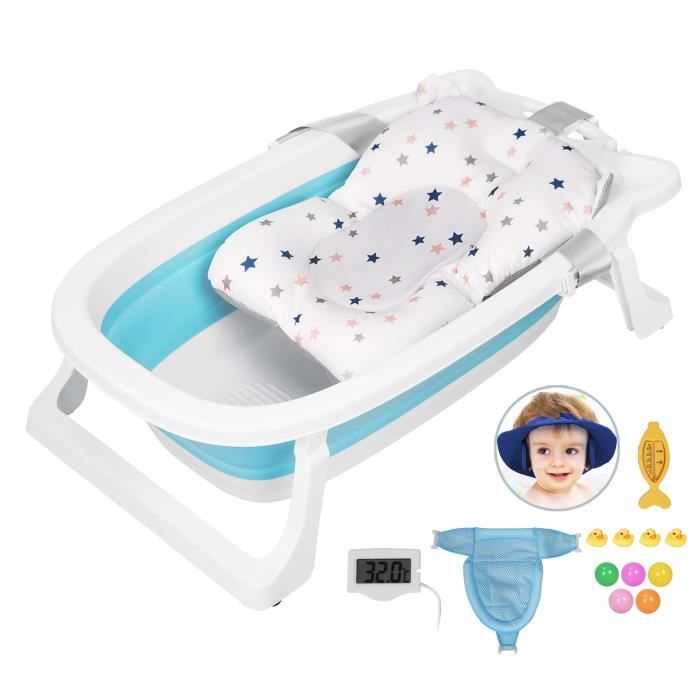 Baignoire pliable bébé SINBIDE - Bleu - Avec thermomètre et coussin de bain