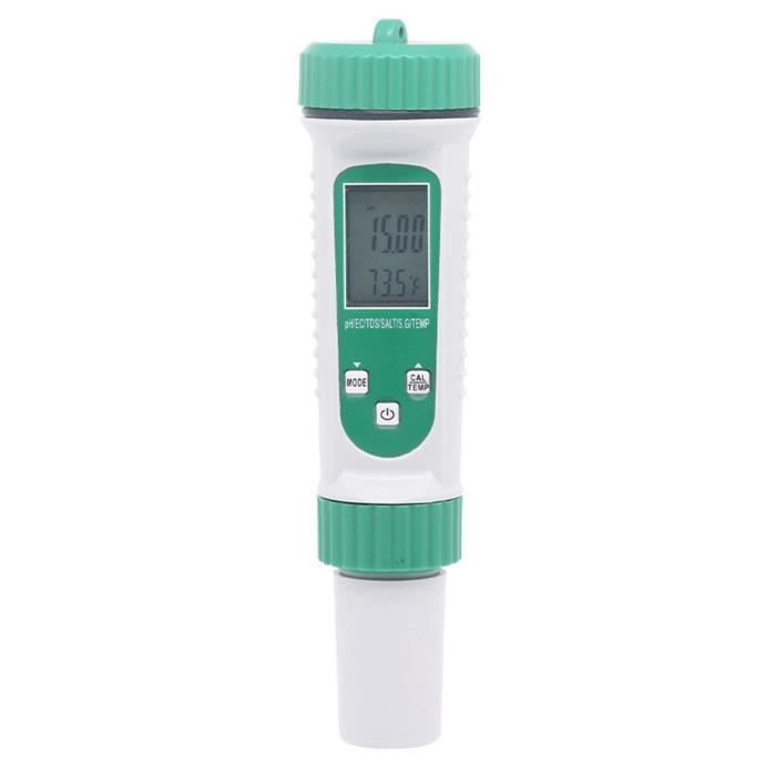 Testeur PH 5 En 1 - Mesure PH, EC, TDS, Salinité, Température - Précision ±0.01 - Écran LED Rétroéclairé - Pour Piscine, Aquarium, Eau Potable - 4