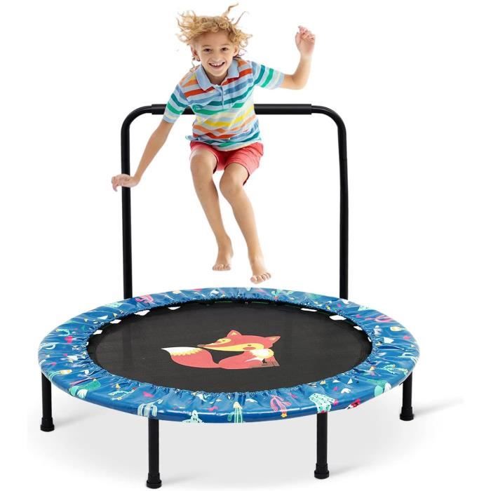 KOMFOTTEU Mini trampoline voor kinderen, diameter 92 cm, opvouwbaar, fitness met handgreep en veiligheidsafdekking, tuin tot 150 kg, springen binnen en buiten (blauw